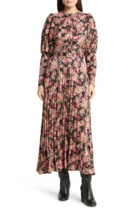 Pleated Floral Long Sleeve Dress