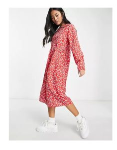 Girl Ditsy Print Tiered Midi Dress in Red