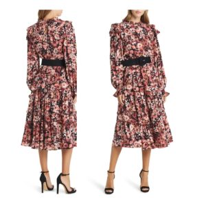 Floral Print Ruffle Long Sleeve Belted Tiered Midi Dress