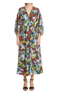 Three-quarter Balloon Sleeve Floral Print Midi Dress