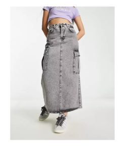 Denim Cargo Maxi Skirt in Washed Gray