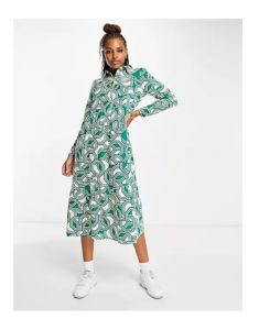 Wednesday's Girl Geometric Print Button Through Midi Shirt Dress in Green