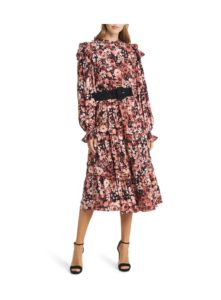 Floral Print Ruffle Long Sleeve Belted Tiered Midi Dress