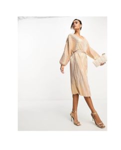Belted Midi Dress with Balloon Sleeves in Rose Gold Shimmer