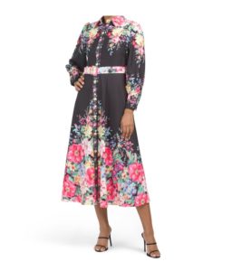 Long Sleeve Floral Shirt Maxi Dress with Belt