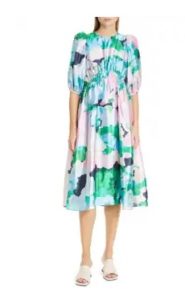 Jasmine Watercolor Print Long Sleeve Satin Dress 38
