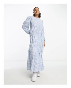 Gathered Tiered Maxi Dress in Blue Picnic Check