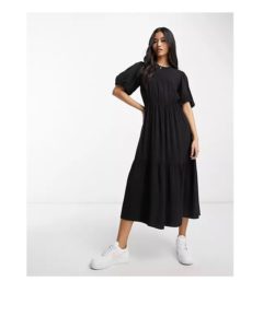 Shirred Puff Sleeve Midi Dress in Acid Wash Black