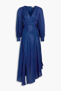 Estelle Asymmetric Satin-jacquard Midi Dress