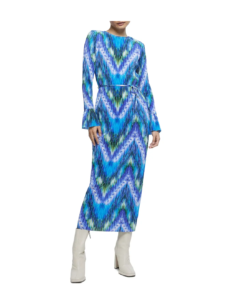 Abstract Print Plissé Long Sleeve Midi Dress