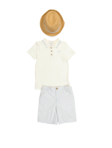 Boys Pique Polo with Seersucker Shorts and Straw Hat