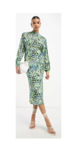 High Neck Puff Sleeve Midi Dress in Blue Floral Print