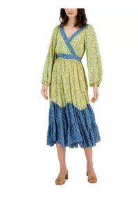 Women's Floral-printed Colorblocked Surplice Tiered Midi Dress