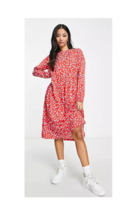 Ditsy Print Tiered Midi Dress in Red