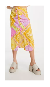 Ruched Front Midi Skirt in Patchwork Scarf Print
