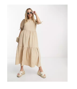 Tiered Midi Smock Dress in Textured Stone