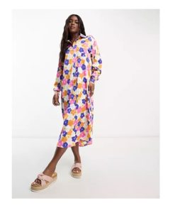 Monki Maxi Satin Floral Print Shirt Dress in Multi