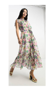 Ruffle Sleeve Tie Waist Midi Dress in Cream Floral