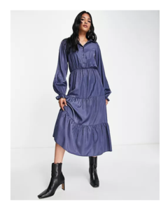 Midaxi Tiered Shirt Dress in Blue