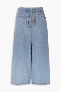 Lace-up Studded Denim Midi Skirt