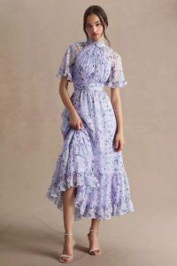Mac Duggal Ruffled High-neck Raglan-sleeve Printed Chiffon Dress