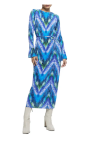 Abstract Print Plissé Long Sleeve Midi Dress