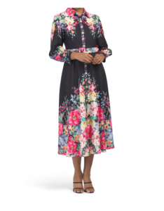 Long Sleeve Floral Maxi Shirt Dress with Belt