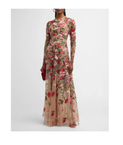 Ava Floral-embroidered 3/4-sleeve Gown