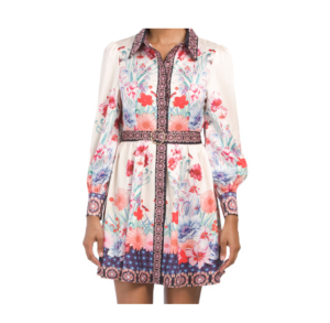 Long Sleeve Floral Shirt Mini Dress with Border Print Detail