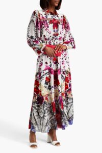 Embellished Floral-print Silk Crepe De Chine Maxi Shirt Dress