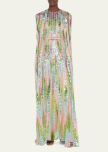 Sequin-embellished Tulle Cape-sleeve Gown