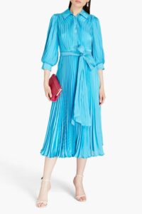 Pleated Metallic Chiffon Midi Shirt Dress