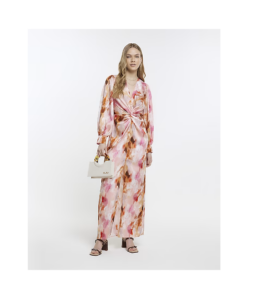 Pink Marble Print Twist Front Midi Dress