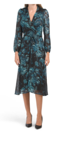 Long Sleeve Floral Lurex Chiffon Midi Dress