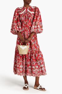 Belted Floral-print Broderie Anglaise Cotton Midi Dress