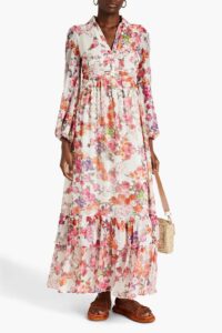 Gathered Floral-print Crepon Maxi Shirt Dress