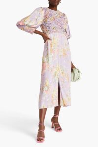 Shirred Floral-print Satin-crepe Midi Dress