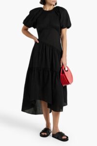 Asymmetric Gathered Cotton-seersucker Midi Dress