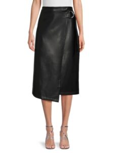 Belted Faux Leather Midi Wrap Skirt