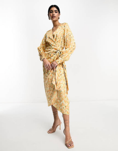 Satin Wrap Midi Dress in Pastel/gold Mix