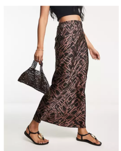 River Island Abstract Print Satin Slip Skirt in Brown
