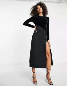 Velvet and Satin Mix Bias Cut Midi Dress in Black