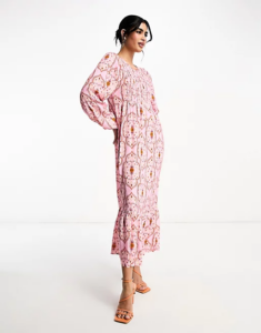 Shirred Smock Midaxi Dress in Pink Tile Print