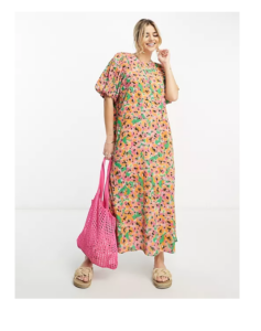 Puff Sleeve Midi Dress in Bright Pink Floral Print in Multi