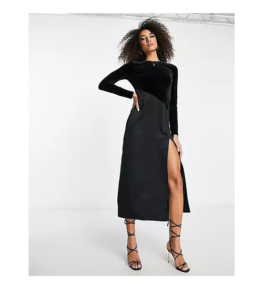 River Island Velvet and Satin Mix Bias Cut Midi Dress in Black