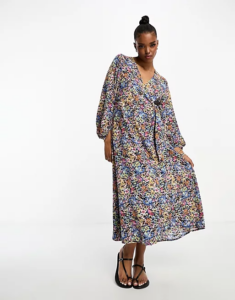Wrap Long Sleeve Midi Dress in Florals