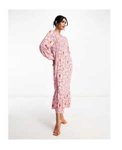 Never Fully Dressed Shirred Smock Midaxi Dress in Pink Tile Print