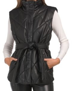 Faux Leather Quilted Vest with Belt