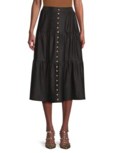 Button Front Tiered Midi Skirt