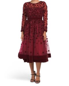 3d Floral Applique Illusion Sleeve Fit and Flare Dress with Velvet